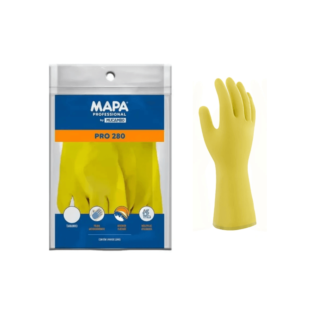 Luva de Látex Amarela P Forrada Mucambo CA 40969 Proteção Química e Mecânica. Categoria EPI. Subcategoria Luvas para Limpeza. Marca Mapa. Quantidade 1. Casa Limpa em São Paulo, Rua Apinajés 1484, Sumaré.