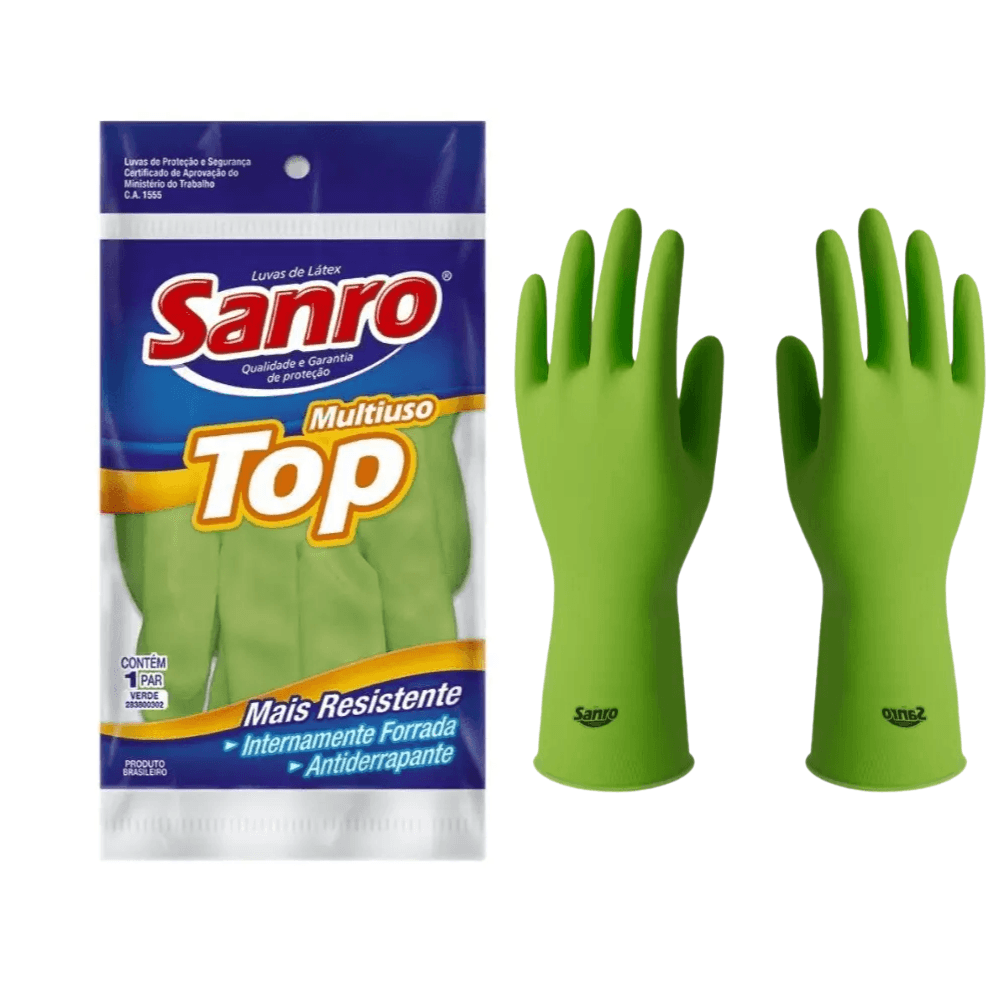 Luva de Látex Verde M Sanro Top CA 40045 Proteção Química e Mecânica. Categoria EPI. Subcategoria Luvas para Limpeza. Marca Sanro. Quantidade 1. Casa Limpa em São Paulo, Rua Apinajés 1484, Sumaré.