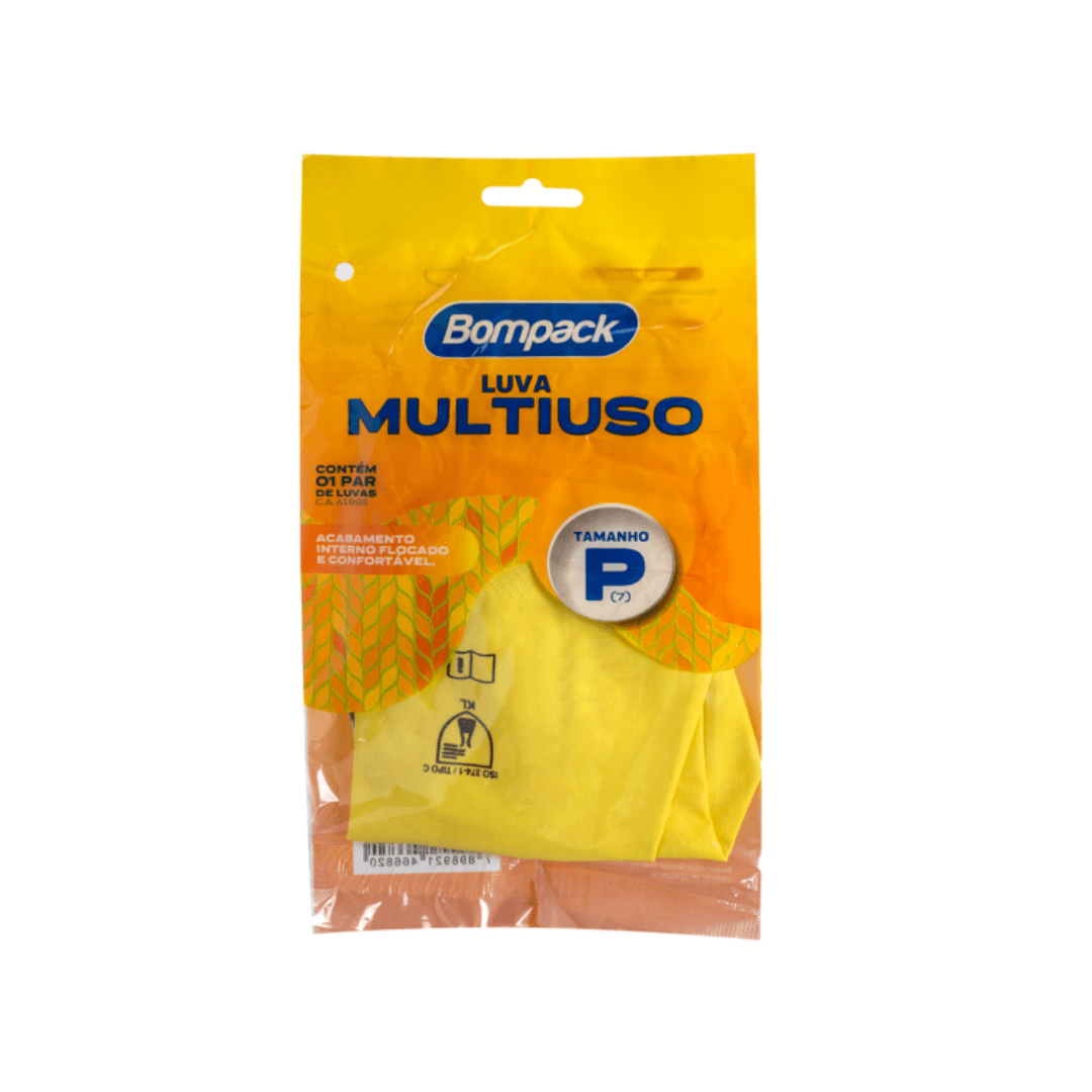 Luva Látex Bompack P Amarela. Categoria EPI. Subcategoria Luvas de Látex. Marca Bompack. Quantidade Par. Casa Limpa em São Paulo, Rua Apinajés 1484, Sumaré.