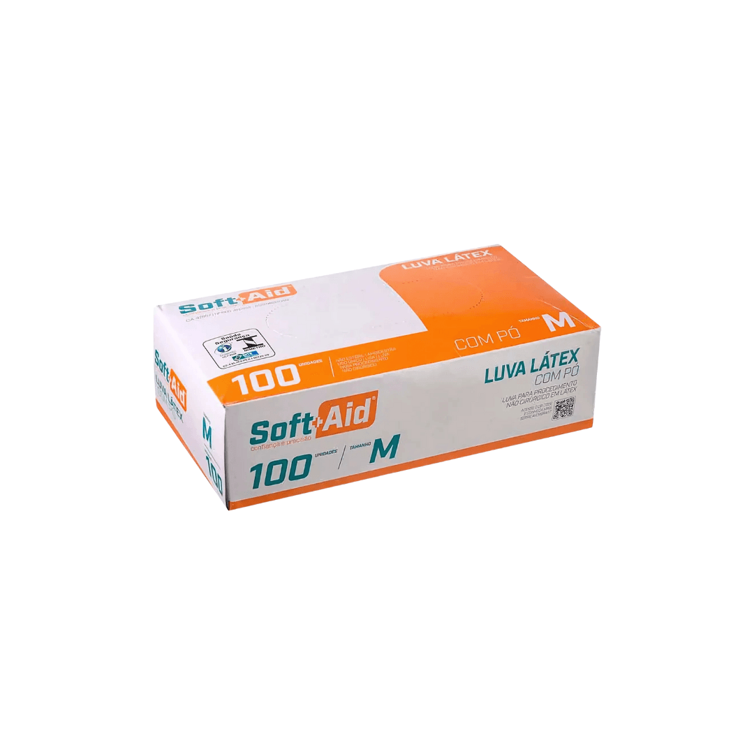 Luva Látex para Procedimento M Soft Aid com pó. Categoria EPI. Subcategoria Luvas de Látex. Marca Bompack. Quantidade 100 unidades. Casa Limpa em São Paulo, Rua Apinajés 1484, Sumaré.