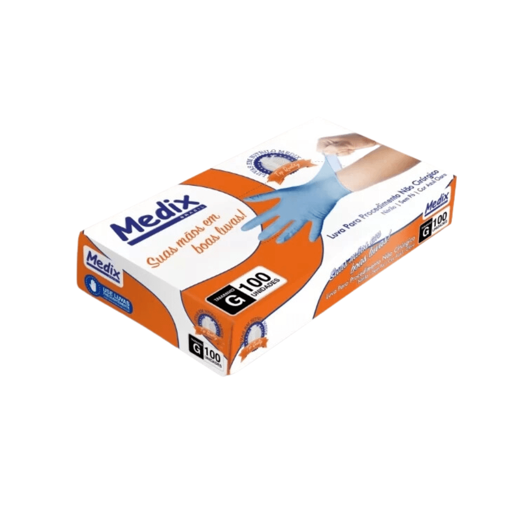 Luva Nitrílica Azul G Sem Pó Medix CA 40093 Proteção Biológica Procedimento Não Cirúrgico100 unidades. Categoria EPI. Subcategoria Luvas Nitrílicas. Marca Medix. Quantidade 100 unidades. Casa Limpa em São Paulo, Rua Apinajés 1484, Sumaré.