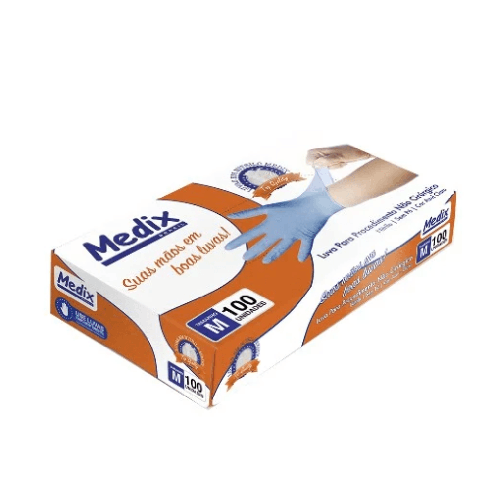 Luva Nitrílica Azul M Sem Pó Medix CA 40093 Proteção Biológica para Procedimento Não Cirúrgico 100 unidades. Categoria EPI. Subcategoria Luvas Nitrílicas. Marca Medix. Quantidade 100 unidades. Casa Limpa em São Paulo, Rua Apinajés 1484, Sumaré.