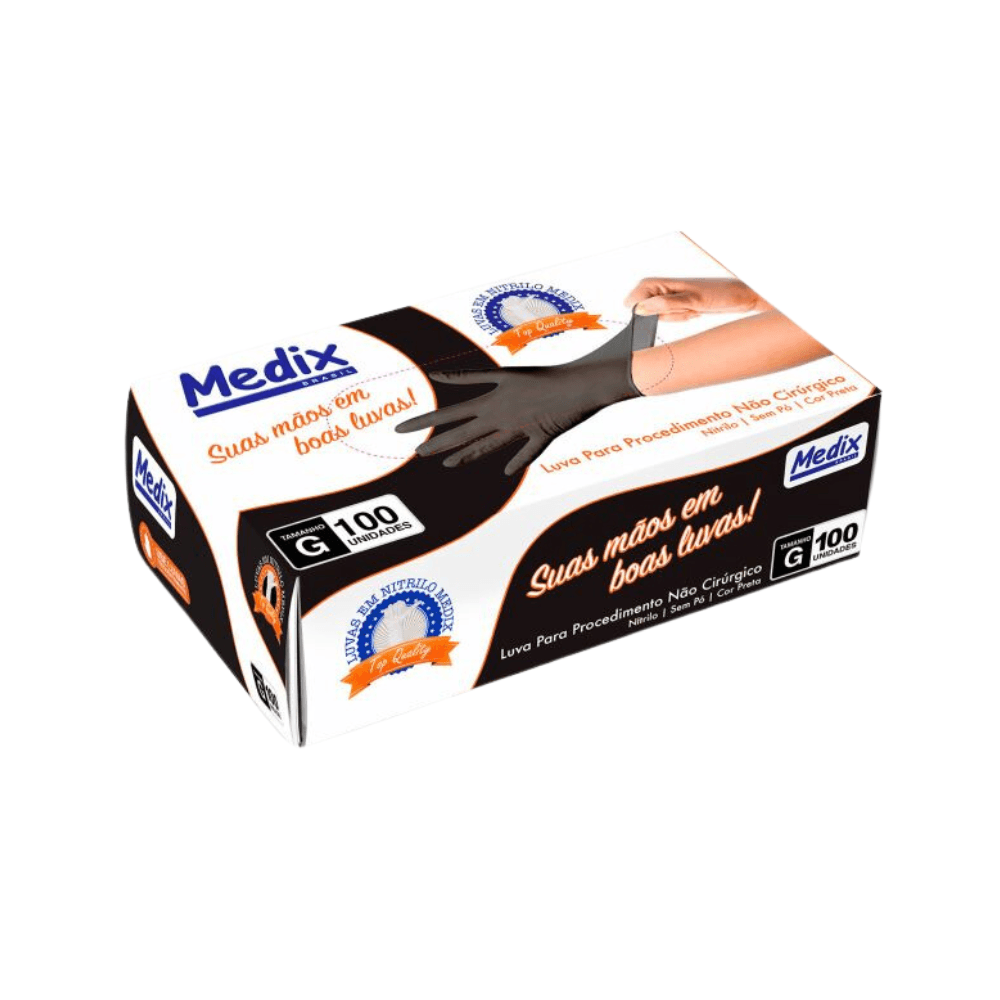 Luva Nitrílica G Preta Sem Pó Medix CA 38644 Proteção Biológica pra Procedimento Não Cirúrgico 100 unidades. Categoria EPI. Subcategoria Luvas Nitrílicas. Marca Medix. Quantidade 100 unidades. Casa Limpa em São Paulo, Rua Apinajés 1484, Sumaré.