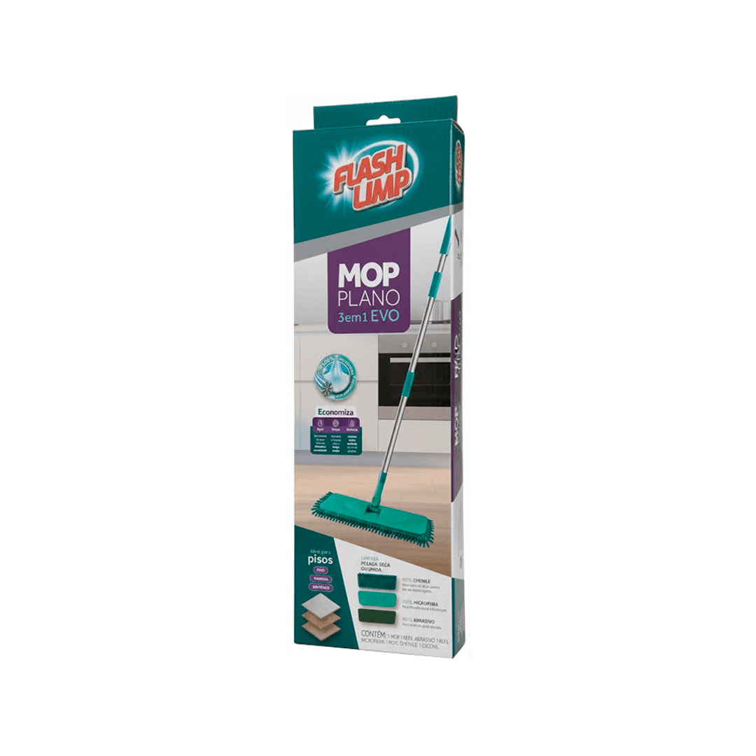 Mop Plano 3 em 1 Evo Flash Limp. Categoria Acessórios para Limpeza. Subcategoria Mop. Marca FlashLimp. Quantidade 1. Casa Limpa em São Paulo, Rua Apinajés 1484, Sumaré.