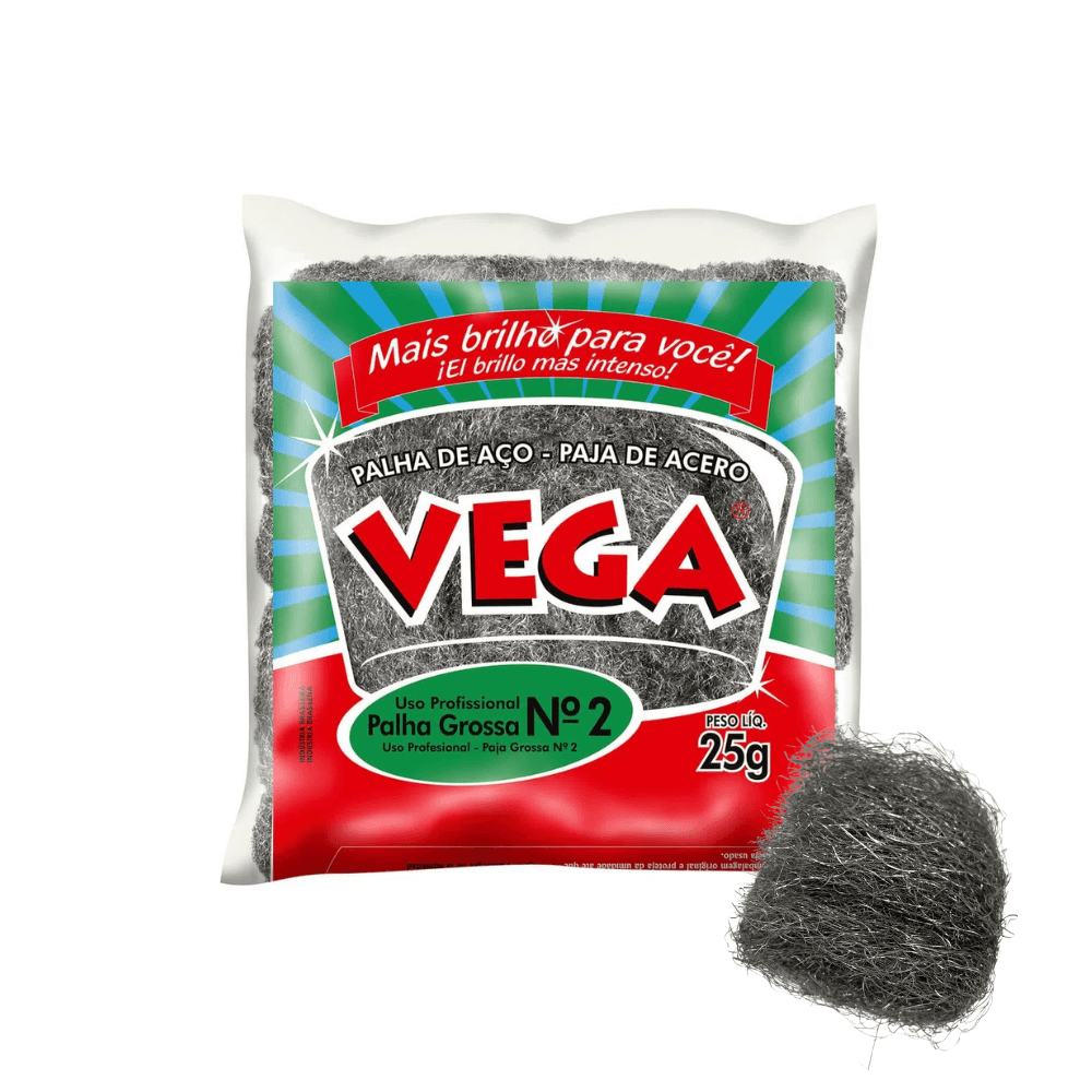 Palha de Aço Vega Steel n° 2 Grossa com 20 embalagens de 25g. Categoria Acessórios para Limpeza. Subcategoria Lã de aço. Marca Vega Steel. Quantidade 20 unidades. Casa Limpa em São Paulo, Rua Apinajés 1484, Sumaré.