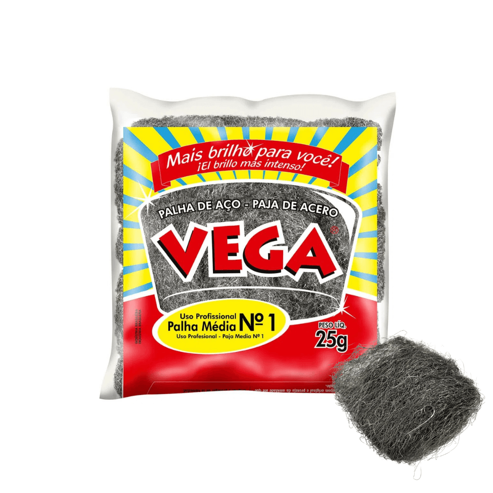 Palha de Aço Vega Steel nº 1 Média com 20 embalagens de 25g. Categoria Acessórios para Limpeza. Subcategoria Lã de aço. Marca Vega Steel. Quantidade 20 unidades. Casa Limpa em São Paulo, Rua Apinajés 1484, Sumaré.