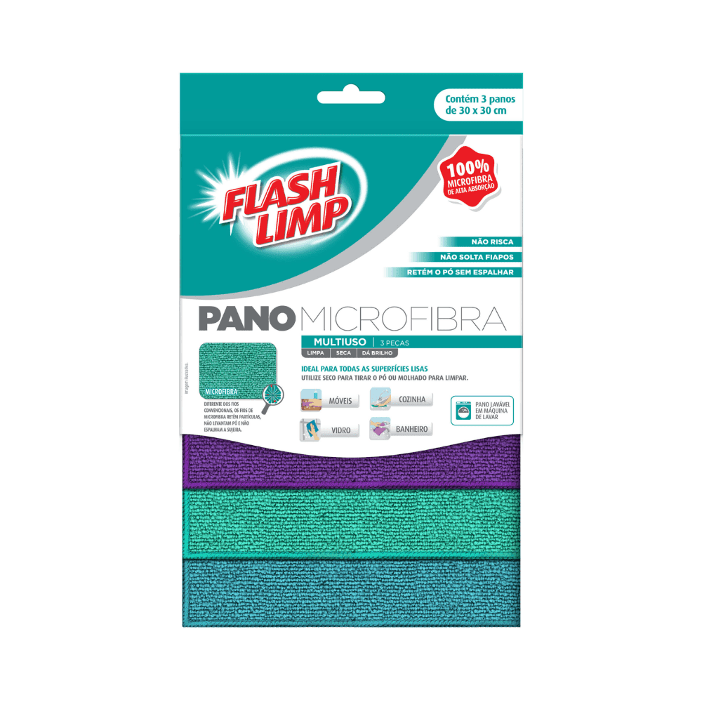 Pano de Microfibra 30x30 Flash Limp com 3 unidades. Categoria Acessórios para Limpeza. Subcategoria Pano Multiuso. Marca FlashLimp. Quantidade 3 panos. Casa Limpa em São Paulo, Rua Apinajés 1484, Sumaré.