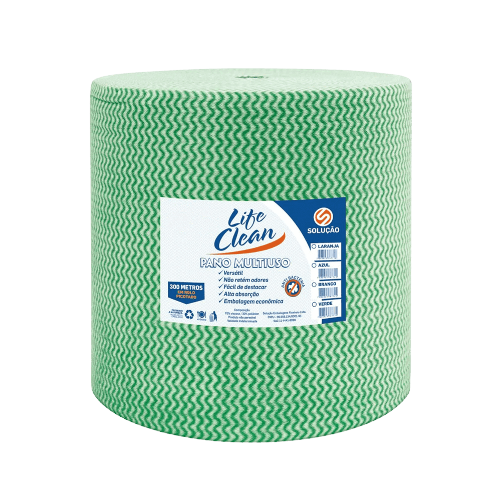 Pano Multiuso 30x300 Verde Bobina Life Clean 600 unidades. Categoria Acessórios para Limpeza. Subcategoria Pano Multiuso. Marca Life Clean. Quantidade 600 panos. Casa Limpa em São Paulo, Rua Apinajés 1484, Sumaré.