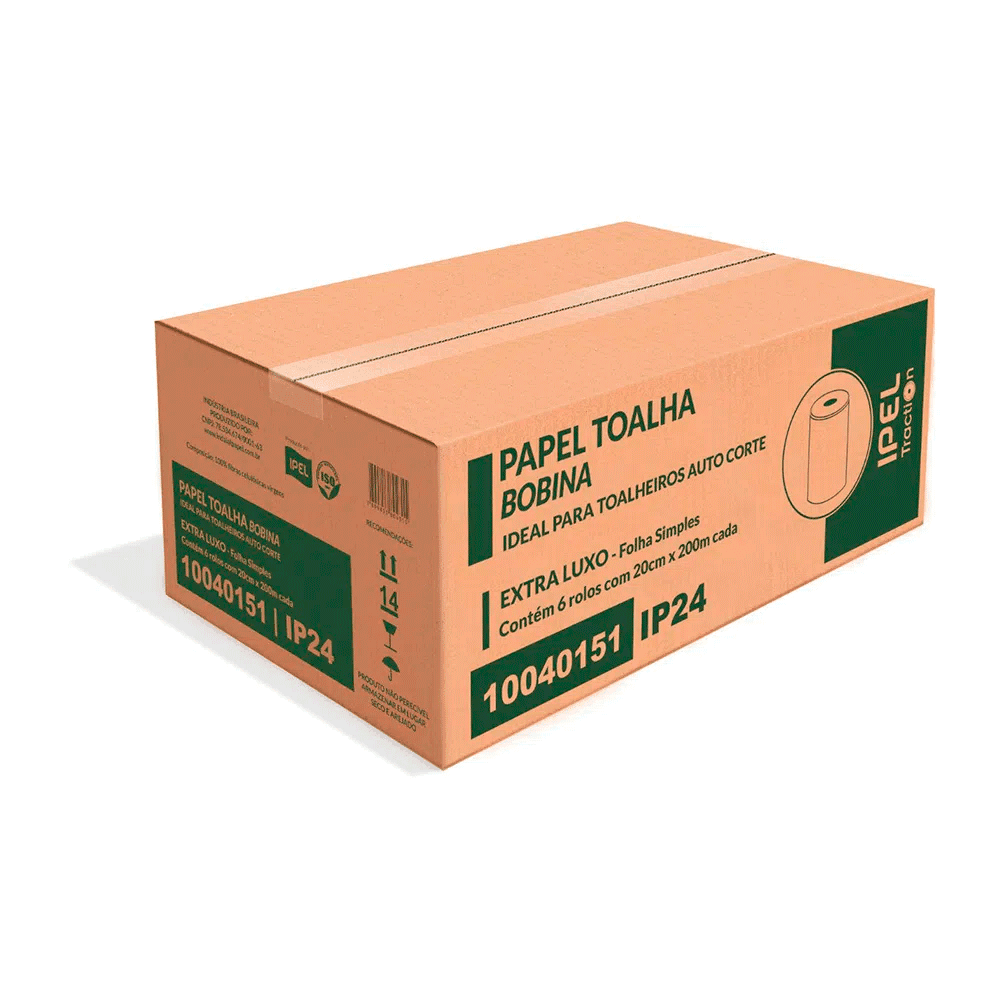 Papel Toalha Bobina 100% Celulose Ipel 6 rolos de 200m 24gr