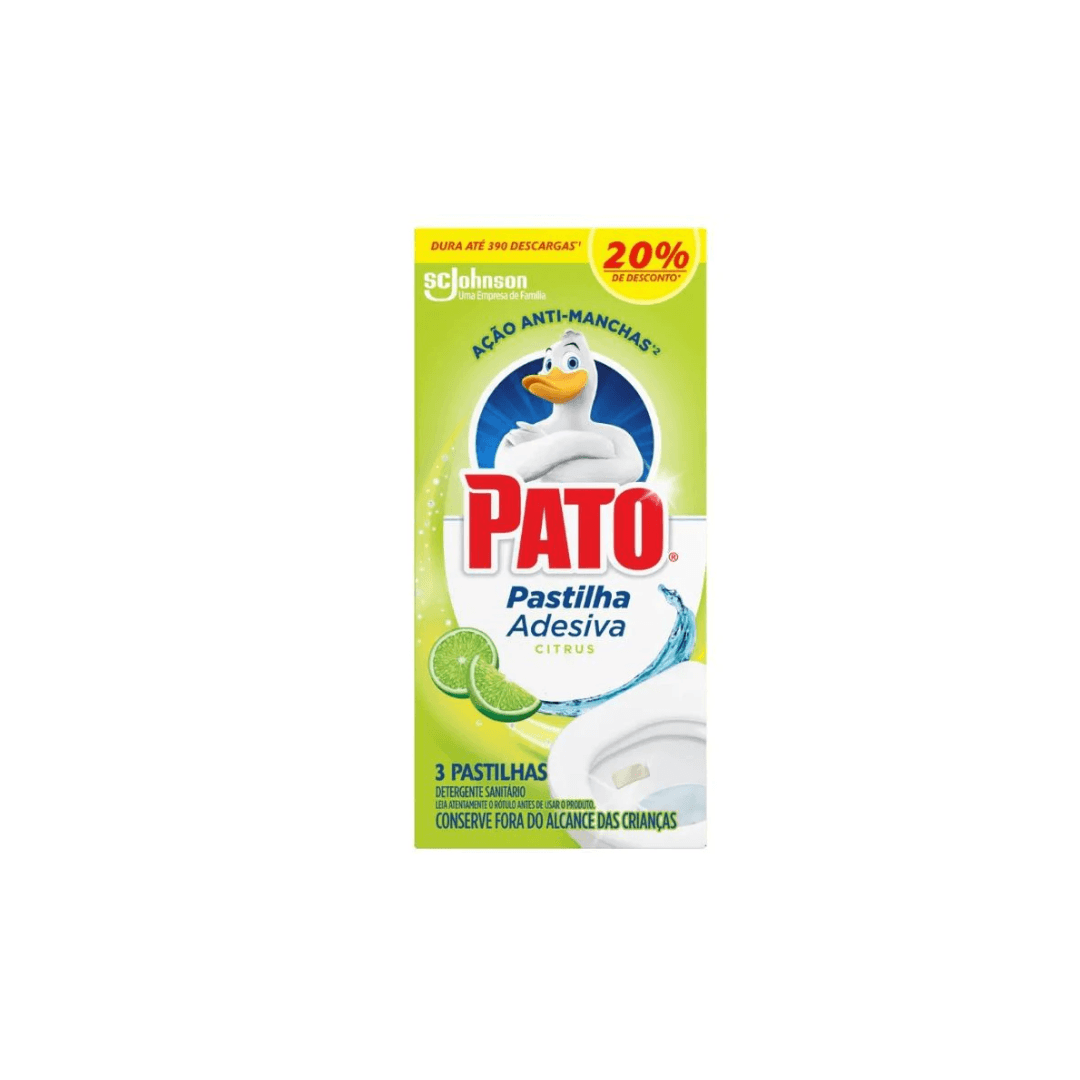 Pastilha Adesiva Sanitária Citrus Pato com 3 unidades. Categoria Produtos de Limpeza. Subcategoria Limpador Sanitário. Marca Pato. Quantidade 3. Casa Limpa em São Paulo, Rua Apinajés 1484, Sumaré.