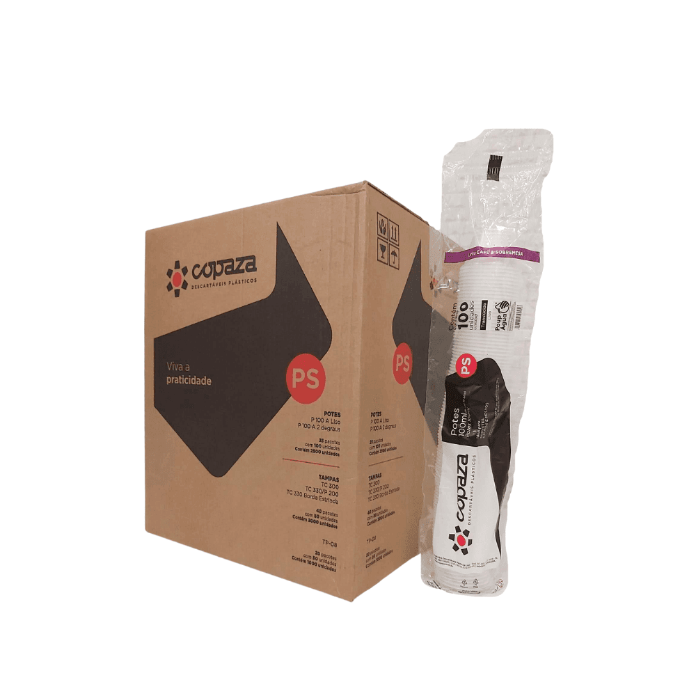 Pote 100ml Liso Translúcido P100 Copaza 2.500 unidades. Categoria Descartáveis e Embalagens. Subcategoria Potes Descartáveis. Marca Copaza. Quantidade 2500. Casa Limpa em São Paulo, Rua Apinajés 1484, Sumaré.