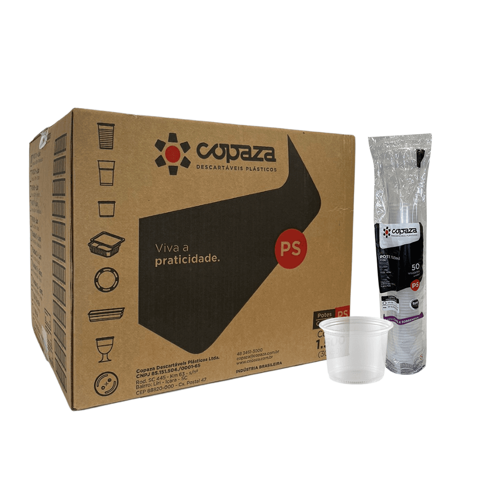 Pote 120ml Translúcido P-06 Copaza 1.500 unidades. Categoria Descartáveis e Embalagens. Subcategoria Potes Descartáveis. Marca Copaza. Quantidade 1500. Casa Limpa em São Paulo, Rua Apinajés 1484, Sumaré.