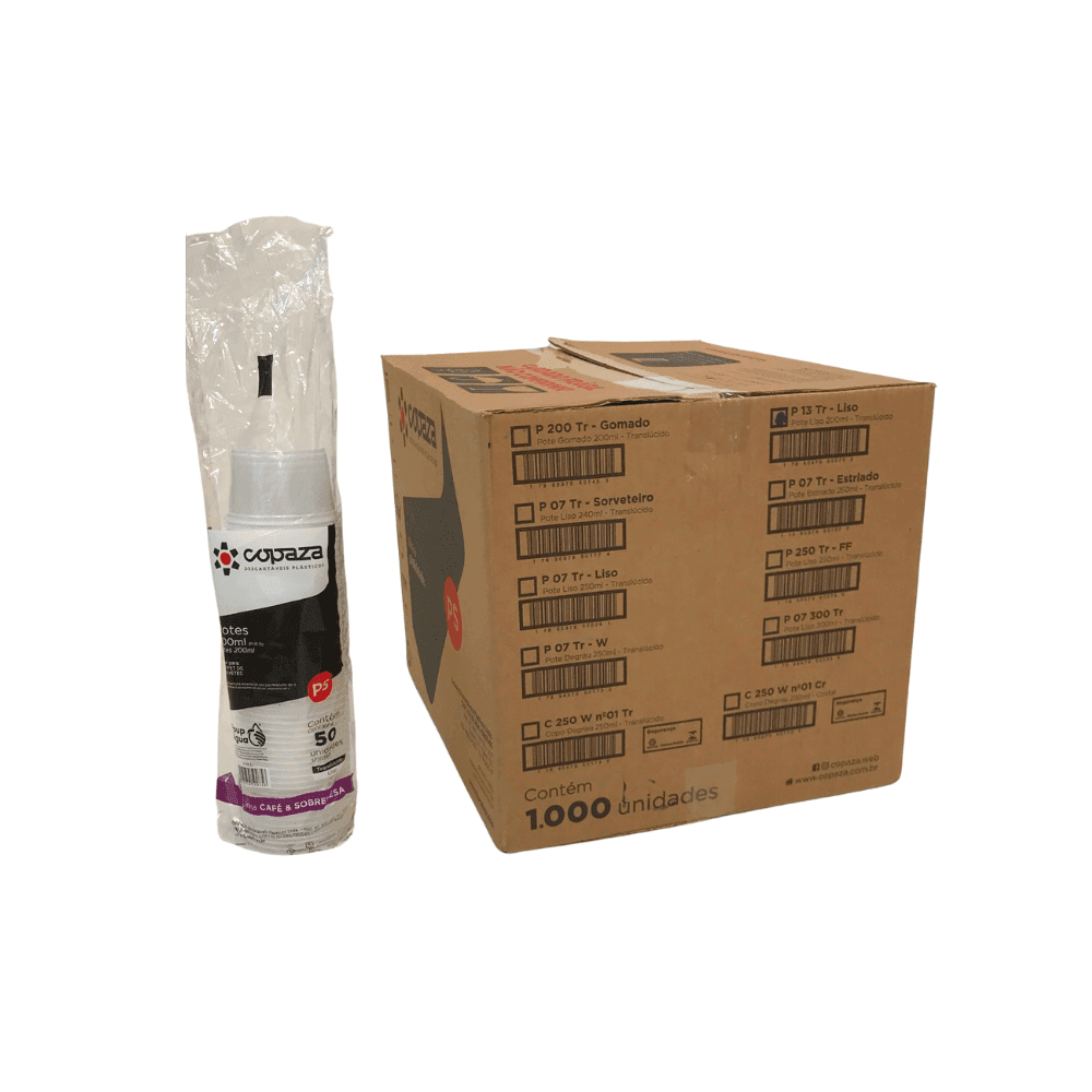 Pote 200ml Liso Translúcido P-13 Copaza 1.000 unidades. Categoria Descartáveis e Embalagens. Subcategoria Potes Descartáveis. Marca Copaza. Quantidade 1000. Casa Limpa em São Paulo, Rua Apinajés 1484, Sumaré.