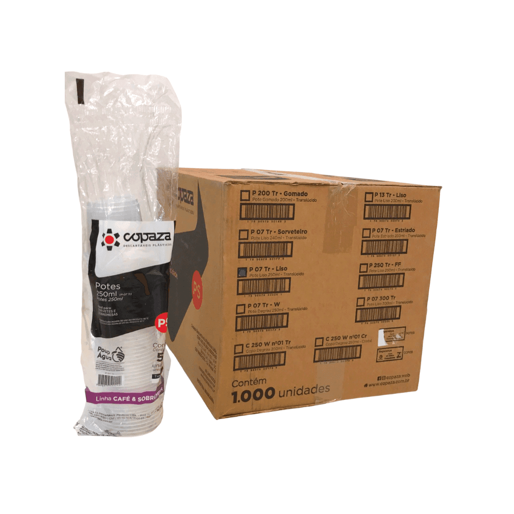 Pote 250ml Liso Translúcido P-07 Copaza 1.000 unidades. Categoria Descartáveis e Embalagens. Subcategoria Potes Descartáveis. Marca Copaza. Quantidade 1000. Casa Limpa em São Paulo, Rua Apinajés 1484, Sumaré.