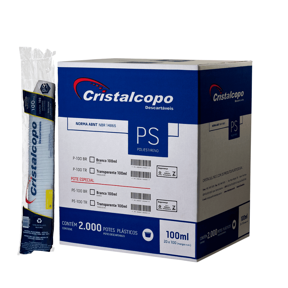 Pote Descartável 100ml Transparente Cristalcopo 2.000 unidades. Categoria Descartáveis e Embalagens. Subcategoria Potes Descartáveis. Marca Cristalcopo. Quantidade 2.000 unidades. Casa Limpa em São Paulo, Rua Apinajés 1484, Sumaré.