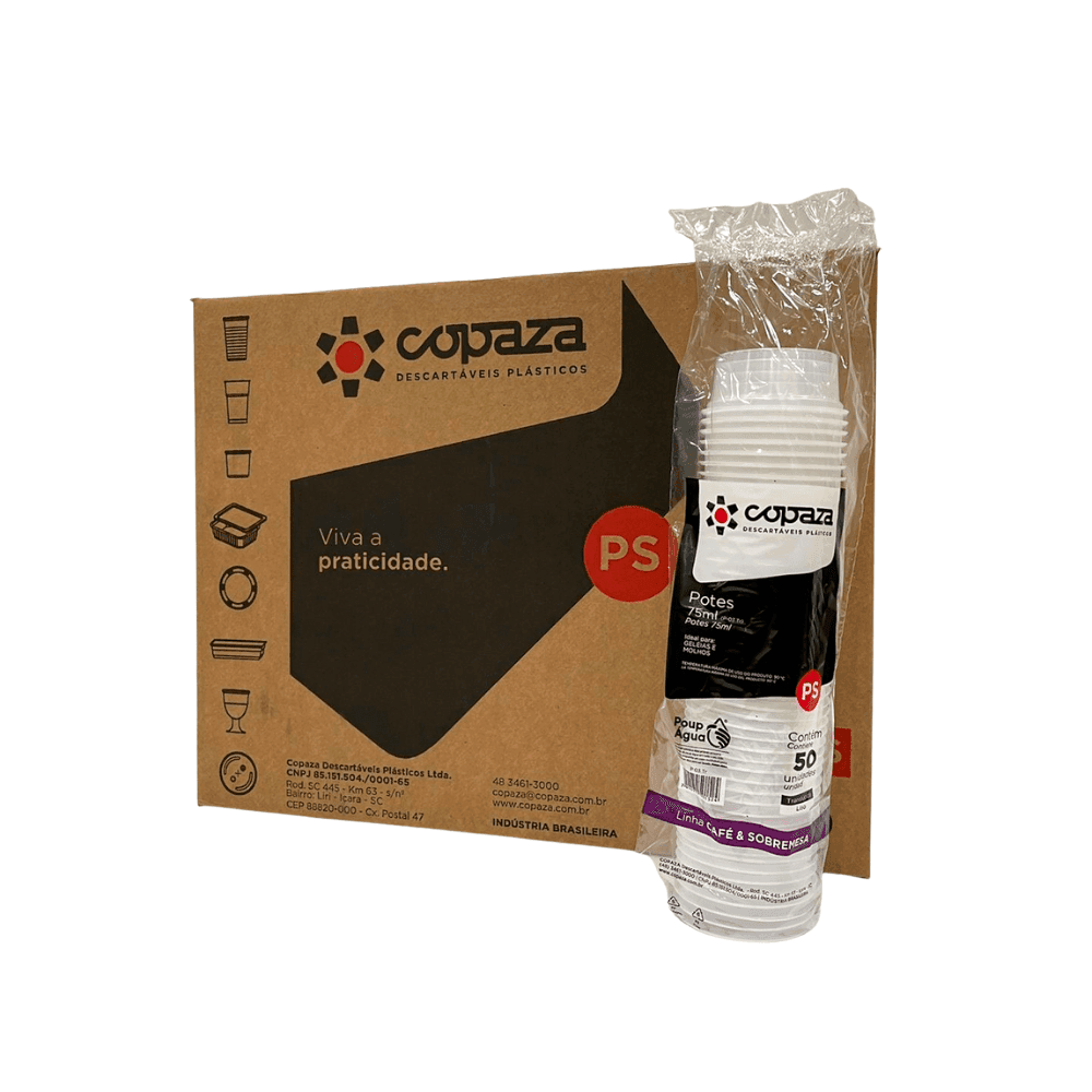 Pote Descartável 75ml Liso Translúcido P-03 Copaza 1.500 unidades. Categoria Descartáveis e Embalagens. Subcategoria Potes Descartáveis. Marca Copaza. Quantidade 1.500 unidades. Casa Limpa em São Paulo, Rua Apinajés 1484, Sumaré.