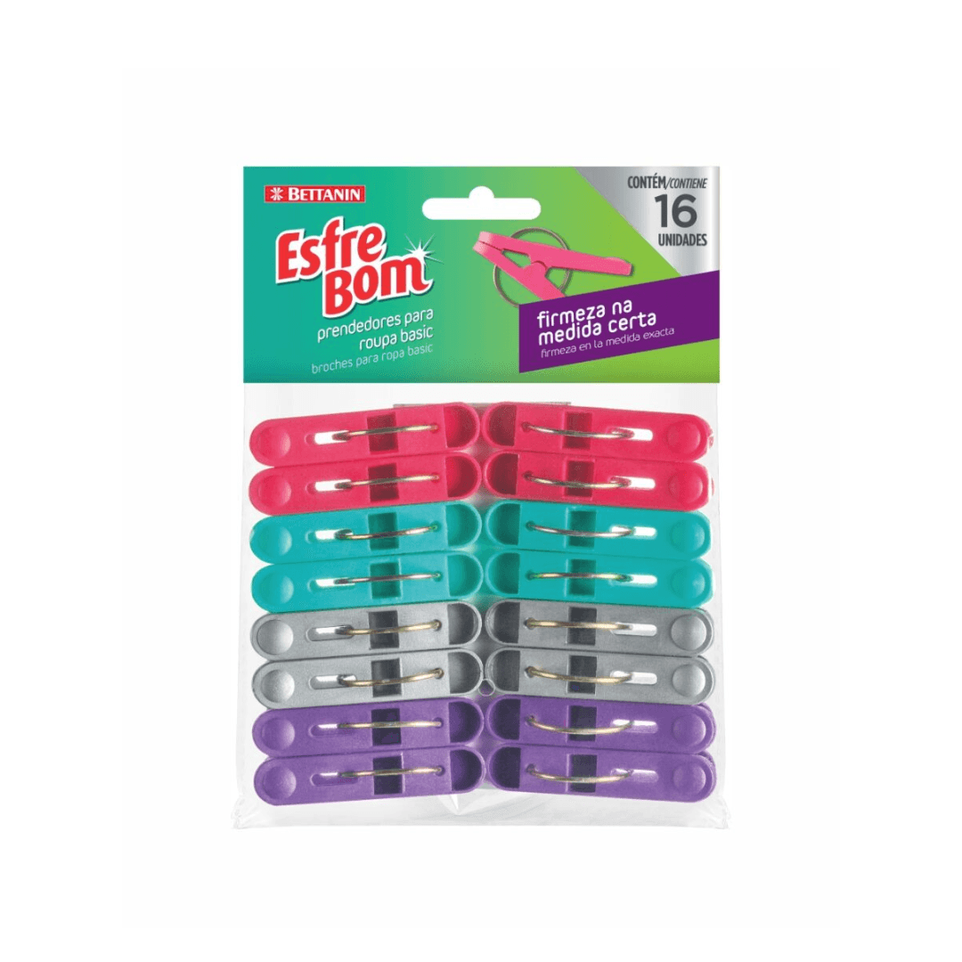 Prendedor par Roupas de Plástico Bettanin 16 unidades. Categoria Utilidades. Subcategoria Prendedor de Roupas. Marca Esfre Bom. Quantidade 1. Casa Limpa em São Paulo, Rua Apinajés 1484, Sumaré.