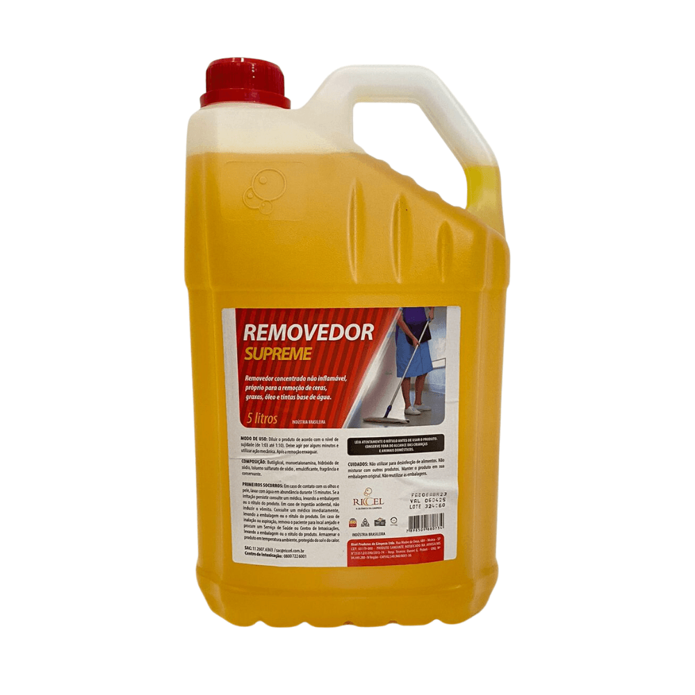 Removedor de Cera Supreme Riccel 5L. Categoria Produtos de Limpeza. Subcategoria Removedor. Marca Riccel. Quantidade 5L. Casa Limpa em São Paulo, Rua Apinajés 1484, Sumaré.
