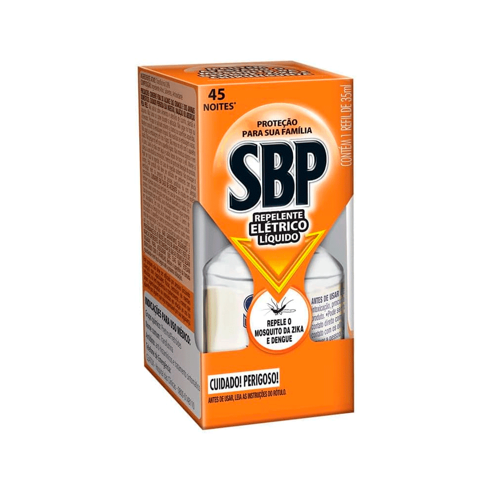 Repelente Elétrico SBP 45 Noites Refil 35ml. Categoria Higiene e Cuidados. Subcategoria Repelentes. Marca SBP. Quantidade 365ml. Casa Limpa em São Paulo, Rua Apinajés 1484, Sumaré.
