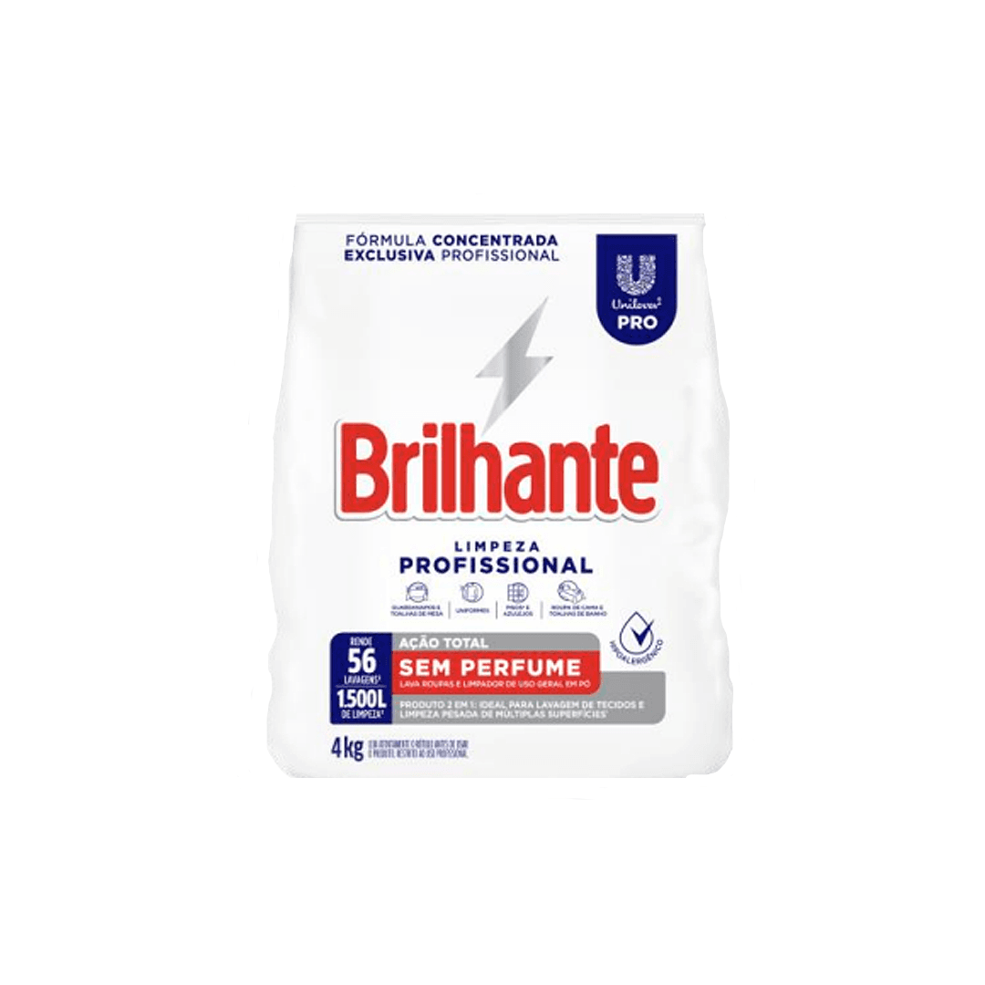 Sabão em Pó Brilhante para Lavanderia Profissional Sem Perfume 4KG - Unilever Pro. Categoria Produtos de Limpeza. Subcategoria Sabão. Marca Brilhante. Quantidade 4kg. Casa Limpa em São Paulo, Rua Apinajés 1484, Sumaré.