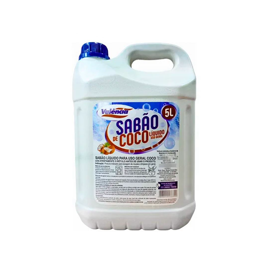 Sabão Líquido Coco Valência 5L. Categoria Produtos de Limpeza. Subcategoria Sabão. Marca Valência. Quantidade 5 Litros. Casa Limpa em São Paulo, Rua Apinajés 1484, Sumaré.