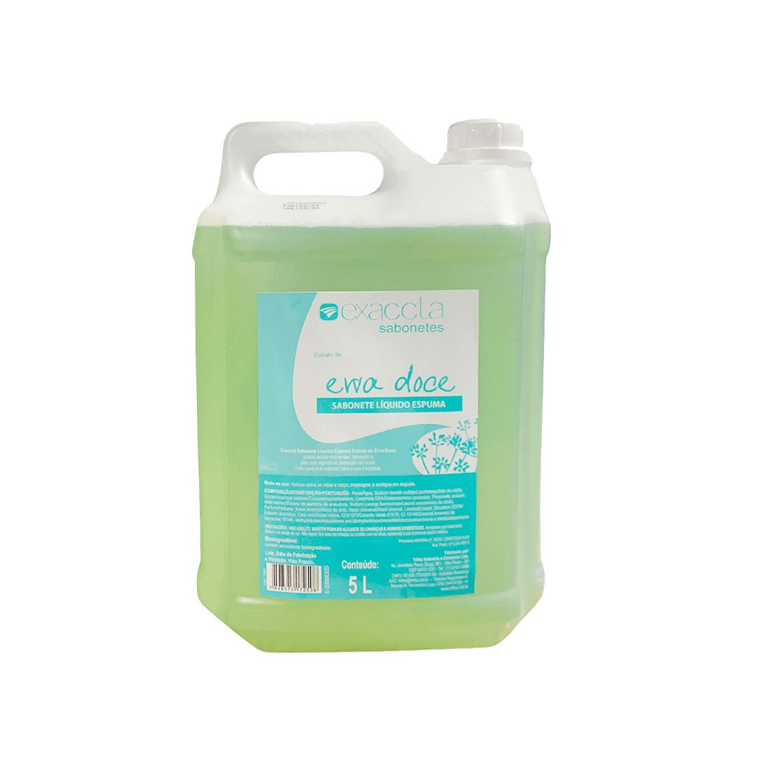 Sabonete Espumar Erva Doce Exaccta 5L. Categoria Higiene e Cuidados. Subcategoria Sabonetes. Marca Trilha. Quantidade 5L. Casa Limpa em São Paulo, Rua Apinajés 1484, Sumaré.