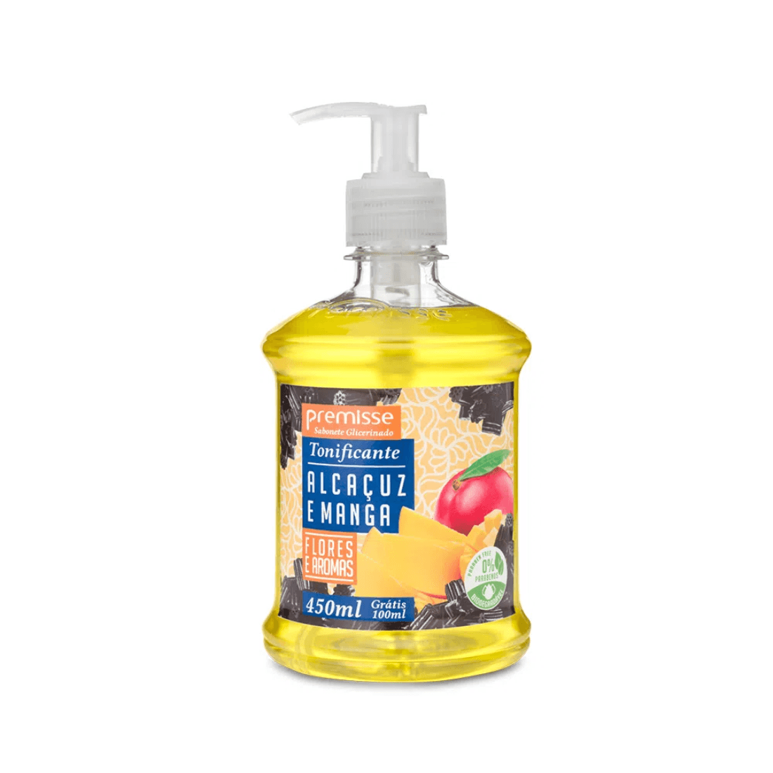 Sabonete Líquido Alcaçuz com Manga Premisse 450ml. Categoria Higiene e Cuidados. Subcategoria Sabonetes. Marca Premisse. Quantidade 450ml. Casa Limpa em São Paulo, Rua Apinajés 1484, Sumaré.