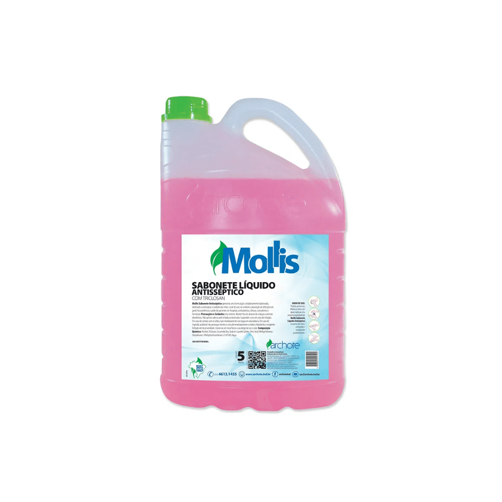 Sabonete Líquido Antisséptico Triclosan Mollis Archote 5 litros. Categoria Higiene e Cuidados. Subcategoria Sabonetes. Marca Agifácil. Quantidade 5L. Casa Limpa em São Paulo, Rua Apinajés 1484, Sumaré.