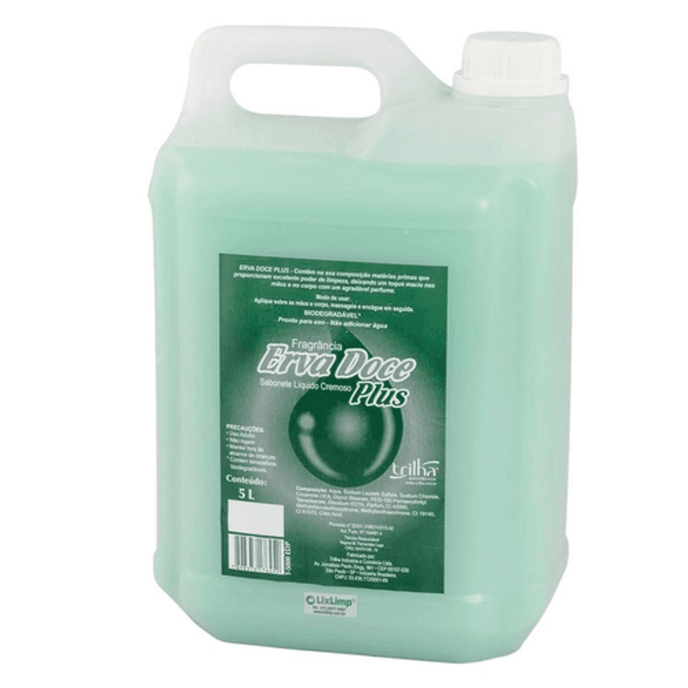 Sabonete Líquido Erva Doce Plus Trilha 5L. Categoria Higiene e Cuidados. Subcategoria Sabonetes. Marca Trilha. Quantidade 5L. Casa Limpa em São Paulo, Rua Apinajés 1484, Sumaré.