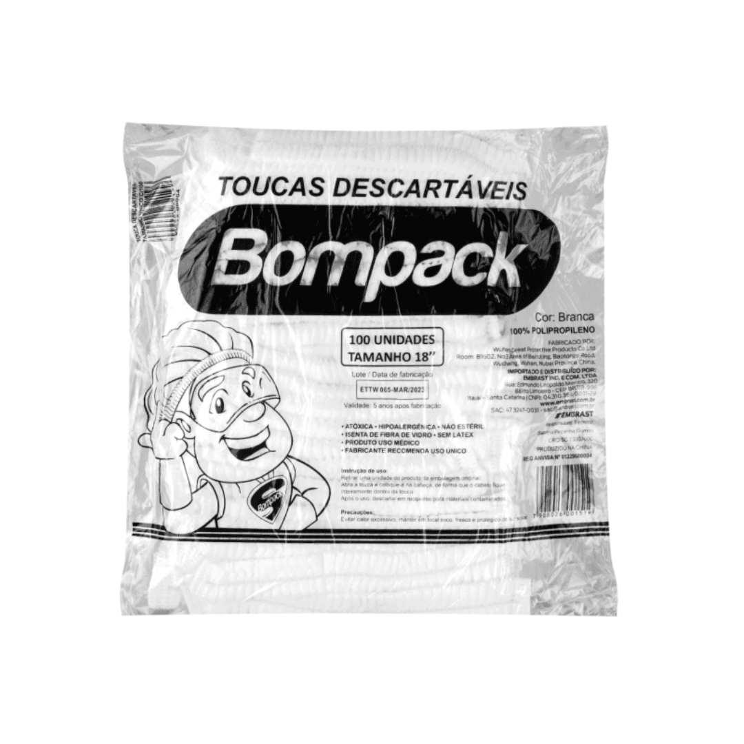 Touca Bompack TNT Branca Sanfonada. Categoria EPI. Subcategoria Redes e Toucas para Cabelo. Marca Bompack. Quantidade 100 Unidades. Casa Limpa em São Paulo, Rua Apinajés 1484, Sumaré.